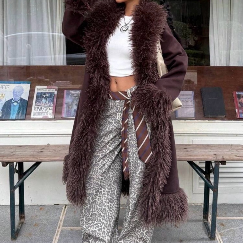 Brown Faux Fur Trim Coat - Picture 9 of 11